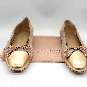 STUART WEITZMAN Metallic Gold Leather Capped Toe Suede Tan Ballet Flats Size: 6
